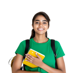 Young indian woman student portrait holding book happy smile isolated on white background