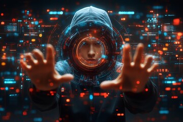 Fototapeta premium Person manipulating digital data with futuristic interface in a dark setting