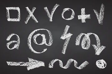 Charcoal pencil hand drawing check box with marks v, x, plus shapes. White elements on black chalkboard. Grunge chalk crayon scribbles doodles textures Rough crayon strokes. Vector illustration