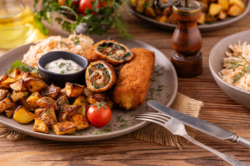 Pork chop rolls stuffed with spinach and mozzarella. Served with sun-dried tomatoes and roasted potatoes.
