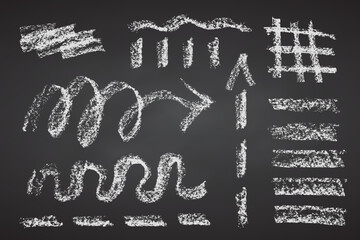 Set of crayon hand drawn arrows in different directions. Chalk, brush, marker drawing bold elements Collection doodle thick geometric shapes for collage Brutal contemporary figures Vector illustration