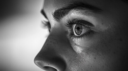Naklejka premium Close up monochrome shot of a woman's face with tears streaming down her cheek and a focused gaze