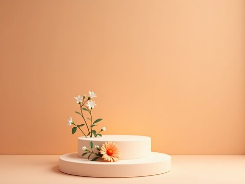Minimalist display platform with floral accents against a warm background, simple and elegant