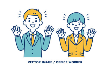 両手を広げて喜ぶ、男女の会社員のシンプルなベクターイラスト素材＿線の編集可能