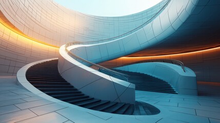Obraz premium Beautiful Modern Architecture Features a Curved Staircase With Handrails