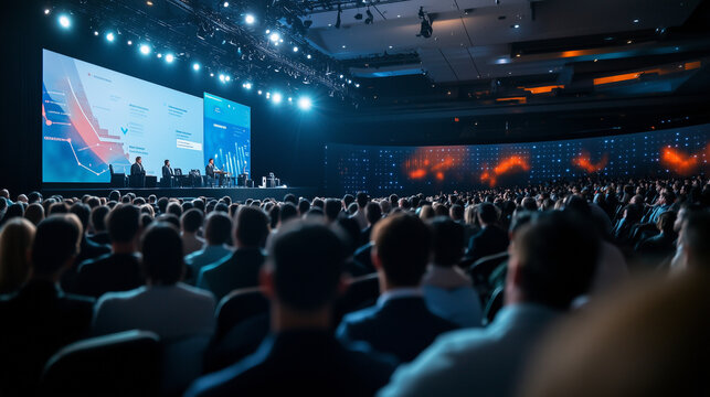 A large audience facing a brightly lit stage where the keynote speaker presents, digital screens on both sides showing global statistics and graphs, ambient light casting soft shad