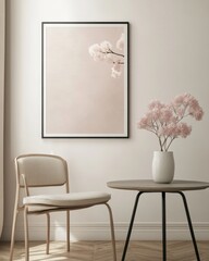 Minimalist interior with pink blossom print, chair, and table.