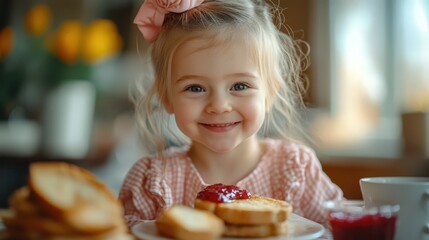 Happy Toddler Girl Enjoying Breakfast with Toast and Jam at Home