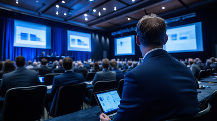 Fototapeta premium Rear shot of an international conference, audience members from various industries listening intently as the speaker presents financial projections on large screens flanking the st