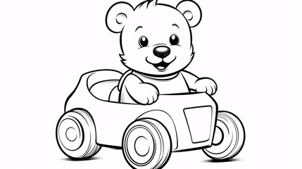 A black and white minimalist kids' coloring page featuring a teddy bear riding a fast toy car, laughing joyfully.