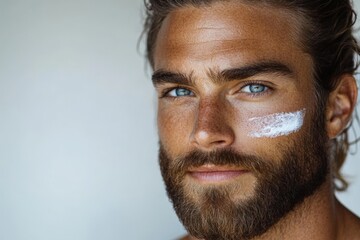 Obraz premium Young man applying sunscreen on his face while enjoying a sunny day outdoors