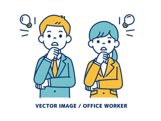 ハッと閃いたポーズの、男女の会社員のシンプルなベクターイラスト素材＿線の編集可能