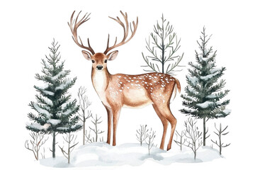 Fototapeta premium A majestic deer stands among snow-covered trees, showcasing its impressive antlers and spotted coat.