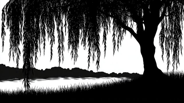Black and white silhouette of a weeping willow tree.