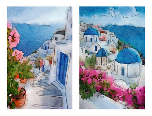 Santorini’s coastal charm: white-washed houses, narrow streets, and breathtaking sea views. Aegean beauty captured in watercolor.