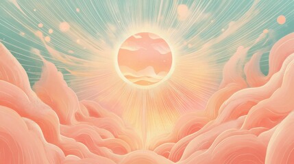 Vintage-style pastel poster celebrating the victory of light, with soft pastel hues and glowing symbols of light overcoming the shadows illustration