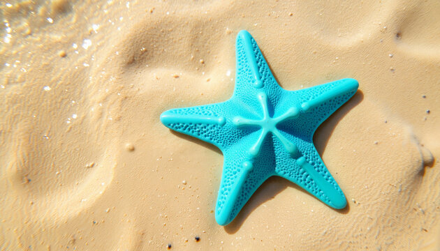 Bright blue starfish resting on sandy ocean floor, underwater beauty