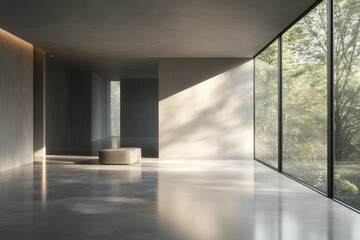 Minimalist interior with sunlight streaming through large windows, showcasing a polished concrete floor and a simple bench.