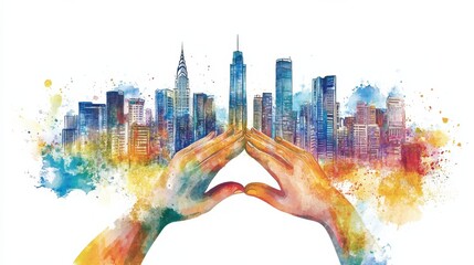 Artistic depiction of hands cupping a bustling city skyline, symbolizing care and creation, rendered in vibrant watercolors to evoke modern urban life. illustration