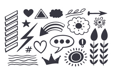 Set of Crayon Doodle Icons. Childish Punk Scribbles with Arrows, Spirals, Hearts, Crowns, Trees, Clouds, Flowers, Mermaid Scales, Houses, and Grungy Charcoal Elements