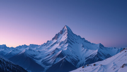 Majestic snow-capped mountain peak, ethereal purple and blue sky, serene twilight atmosphere