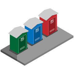 Public toilet isometric illustration with three portable restrooms in green, blue, and red on a concrete platform. Ideal for outdoor sanitation, events, and construction site concepts.