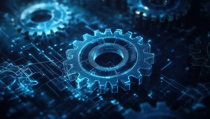 Glowing Blue Gears on Dark Circuit Background