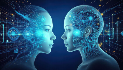 Obraz premium Futuristic digital faces with glowing circuits represent artificial intelligence and technology, showcasing human ingenuity