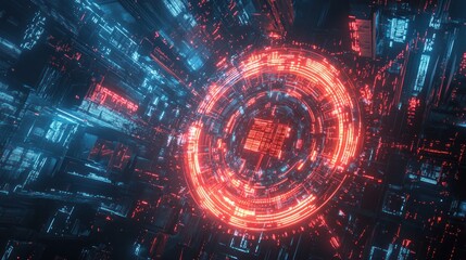 Obraz premium Abstract digital fortress visualized as a glowing holographic circuit board in cyberspace
