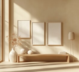 Minimalist interior with three blank frames, vase, and wooden bench.