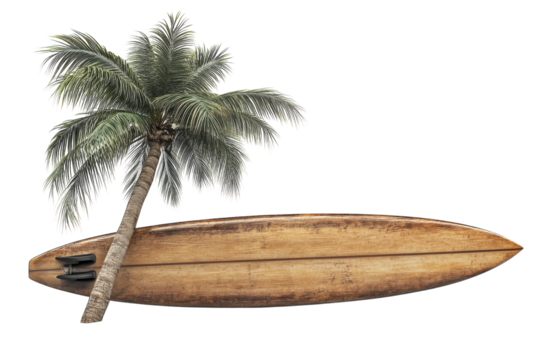 A Weathered Longboard Surfboard Rests Beneath A Lush Tropical Palm Tree, Evoking A Sense Of Relaxation And The Thrill Of Ocean Waves Against A Clean Isolated on Transparent Background
