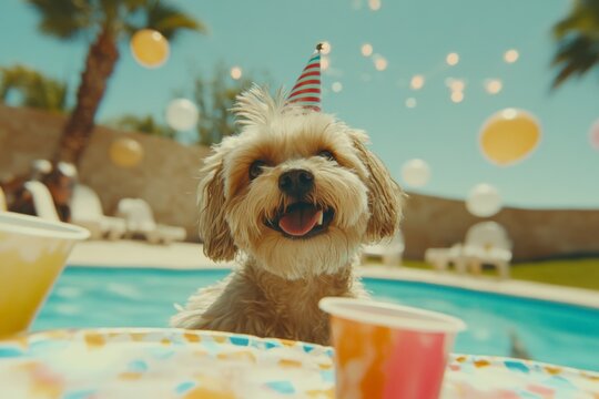 Happy dog celebrating a birthday party by the pool in a sunny backyard with colorful decorations and enjoyment - Powered by Adobe