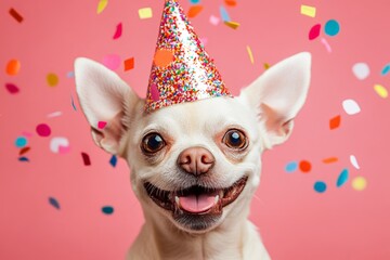 Happy chihuahua wearing a colorful party hat with confetti on a vibrant pink background