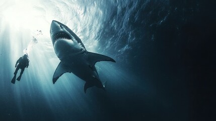 Fototapeta premium Underwater Encounter: Diver and Great White Shark