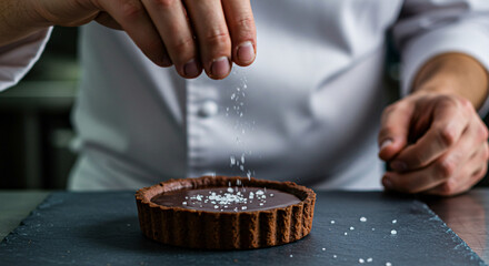 Chef Adding Salt to a Chocolate Tart on a Black Slate Plate in a Close Up View