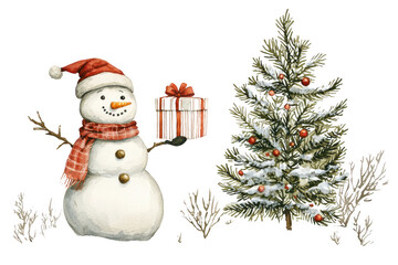 A cheerful snowman in a red scarf holds a gift next to a decorated Christmas tree, embodying the festive spirit of winter celebrations.