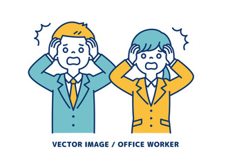 頭を抱えてパニックになる、男女の会社員のシンプルなベクターイラスト素材＿線の編集可能