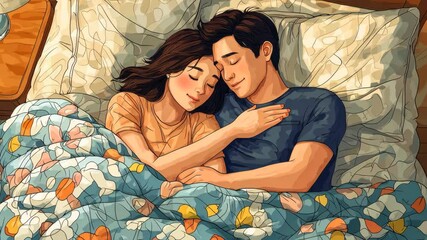 Couple cuddling in bed with colorful blanket and warm atmosphere