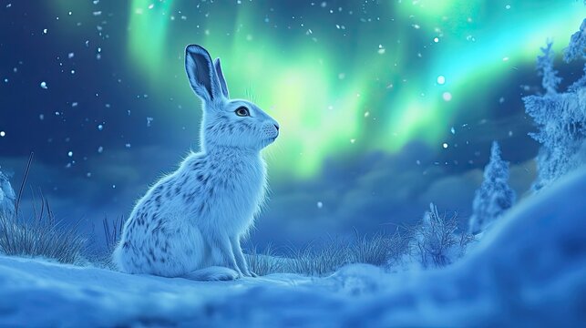 A white arctic hare gazing at the aurora borealis scenery