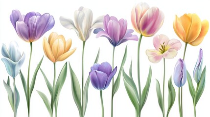 Stunning display of colorful tulips isolated on white background vibrant