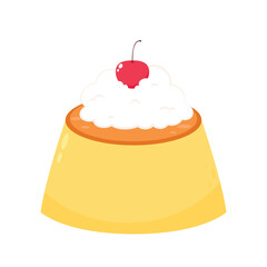 Pudding with cherry and cream vector illustration on white background. Delicious sweet dessert.