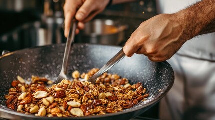 Professional chef preparing homemade granola with nuts and seeds on the pan