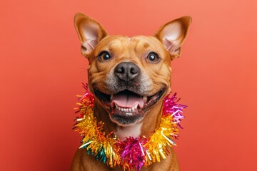 Obraz premium Happy dog celebrating with colorful party decorations on a vibrant background