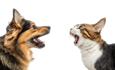a dog and cat with open mouths looking at each other