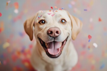 Happy Labrador retriever surrounded by colorful confetti celebrating a joyful occasion indoors