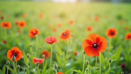Fototapeta premium Vibrant orange poppies blooming in a lush green field for blogs, websites, nature-themed designs, greeting cards, floral illustrations, and educational materials about plants and gardening