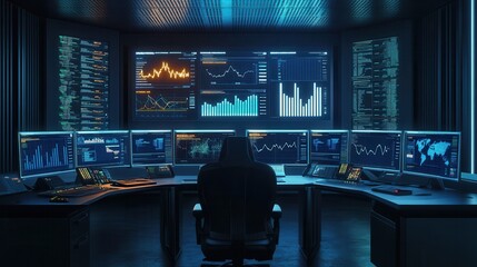 High tech control room with monitors displaying data and graphs