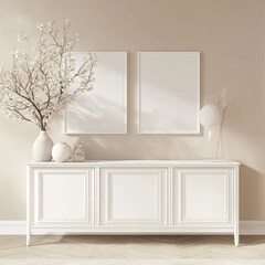 Minimalist interior with white sideboard, frames, and decor.