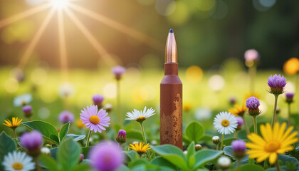 Rusty bullet shell among colorful flowers in a sunlit garden for blogs, environmental awareness, educational materials, nature-themed designs, and conservation campaigns