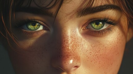 Fototapeta premium Close-up portrait of a young woman with freckles and green eyes. illustration